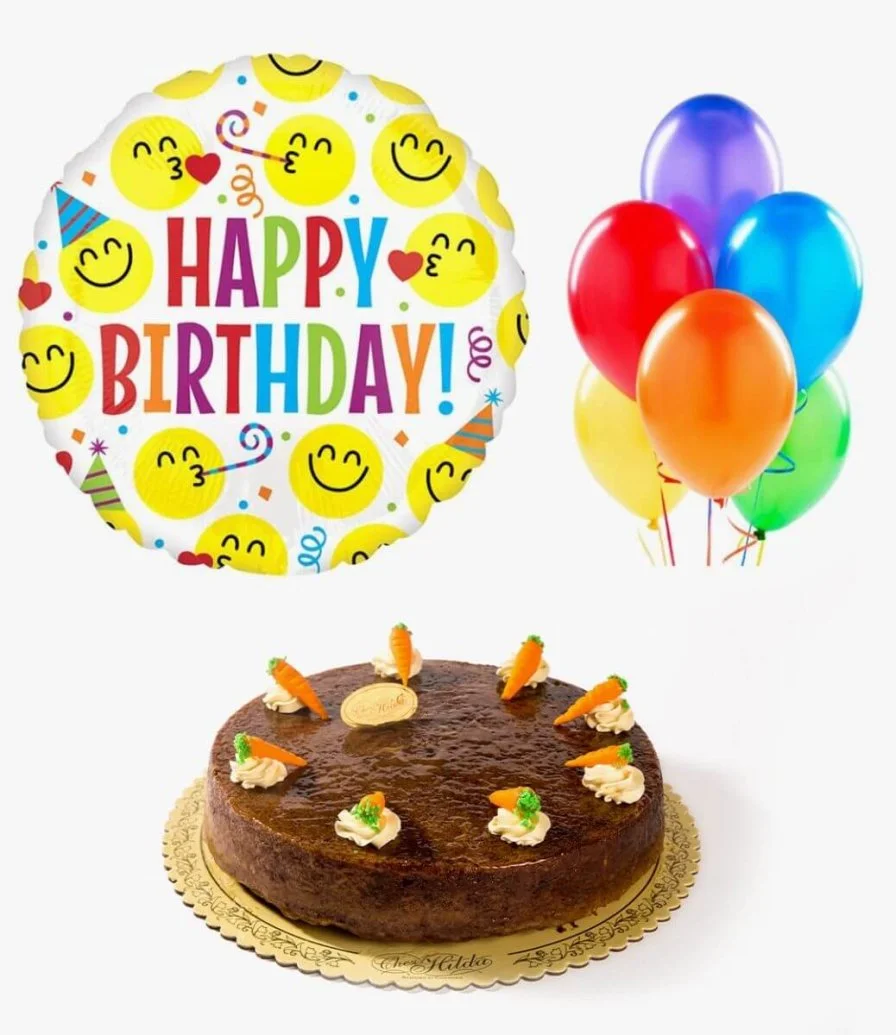Carrot Cake by Chez Hilda Pastusserie & Happy Birthday Emoji Balloon And 6 Colorful Balloons