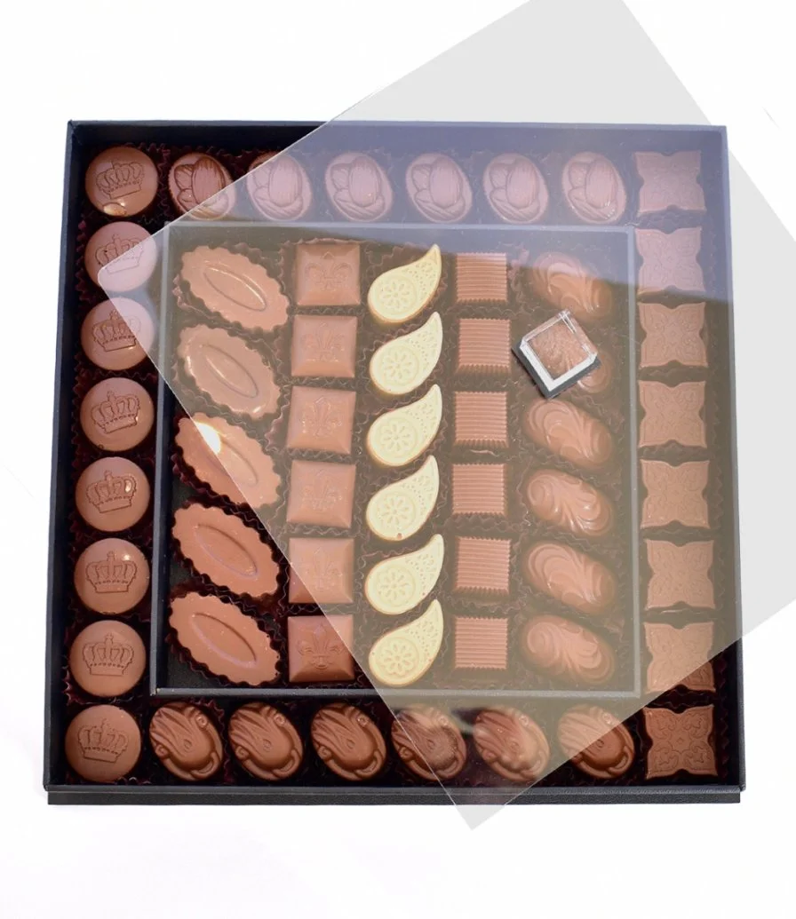 Chocolate assortment in a black box with acrylic cover by Victorian (1kg)
