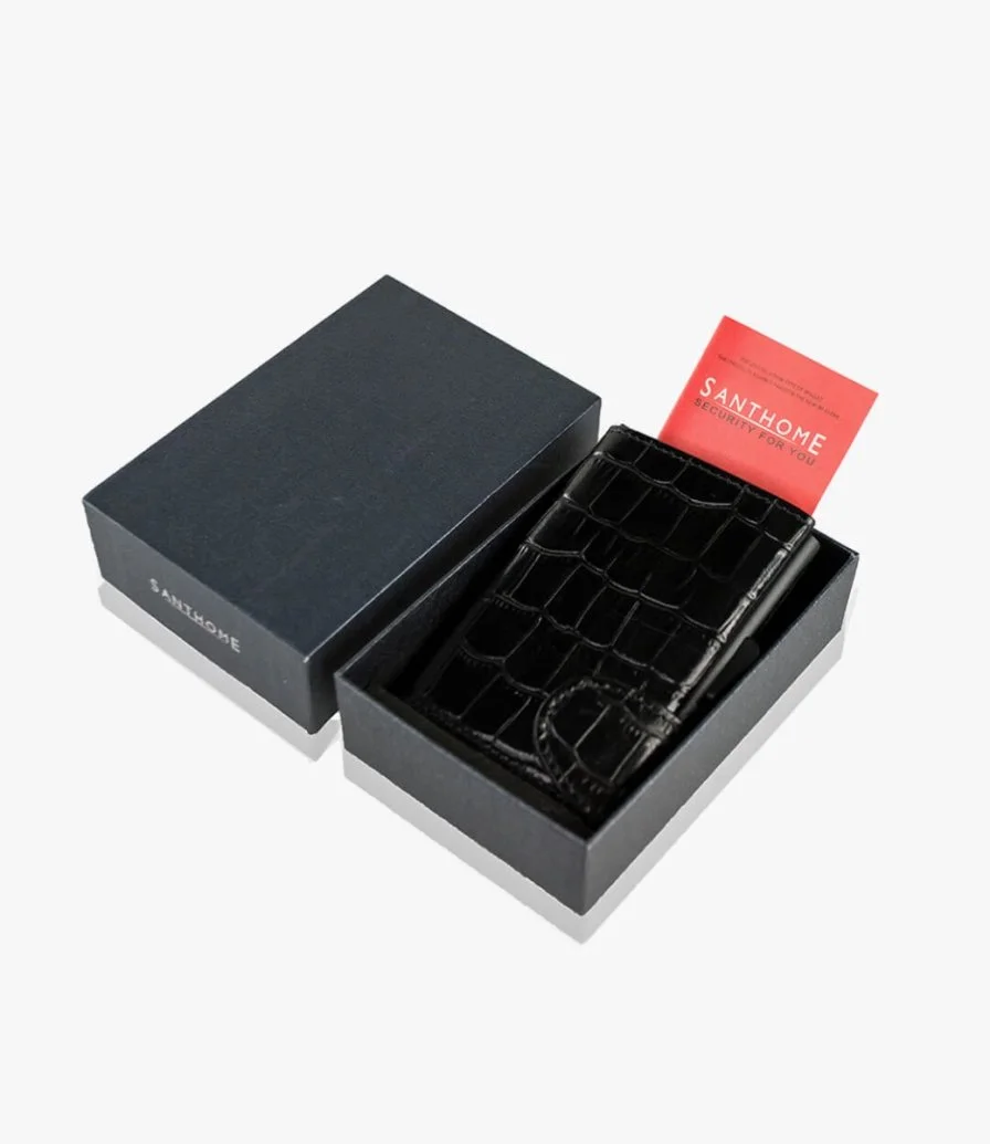 سيكاو- محفظة بطاقات RFID من الجلد الطبيعي من سانثوم باللون الأسود
