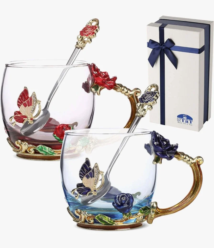Colored Glass Rose and Butterfly Cup Set by De’longhi