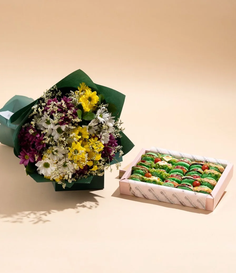 Colorful Carnations Hand Bouquet & National Day Mini Sandwiches by Bakery & Company