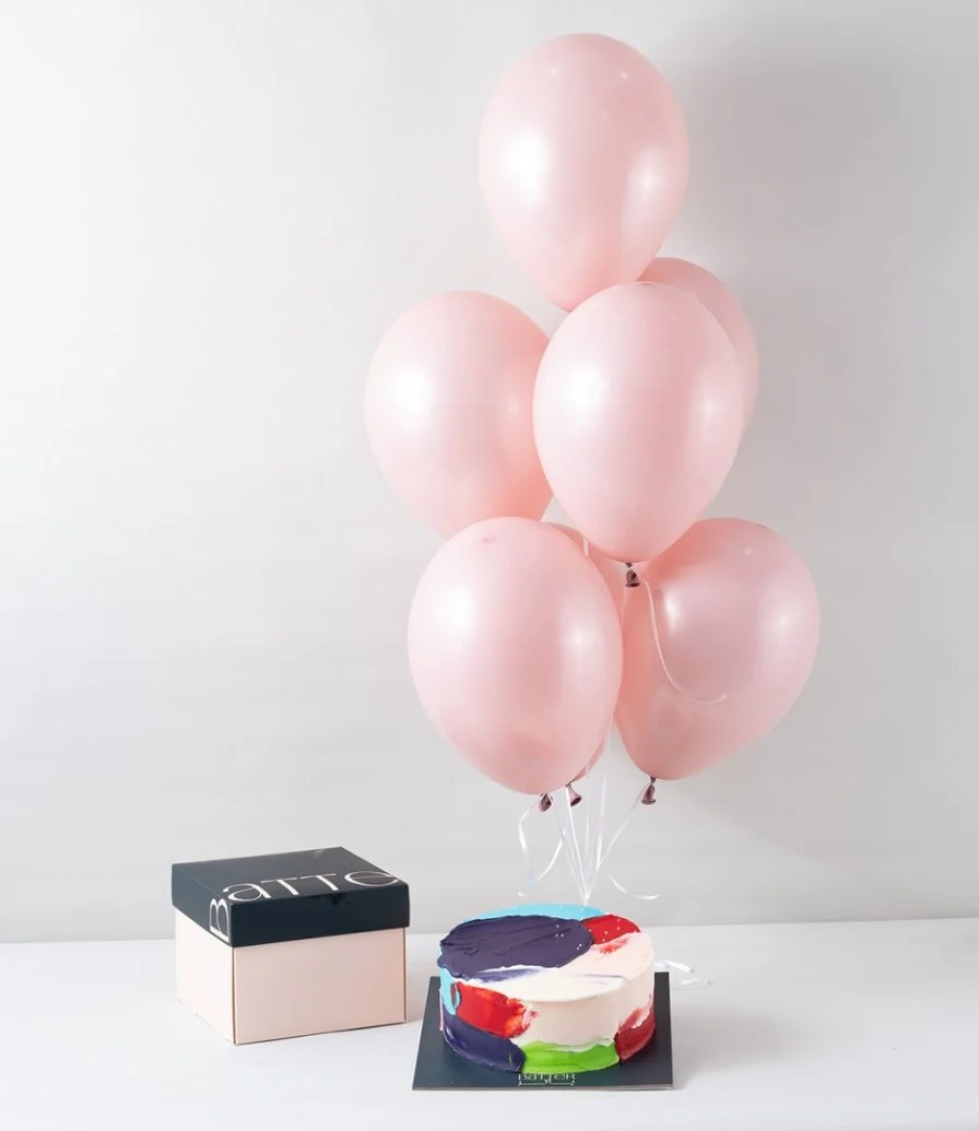 Colors Cake & Pink Helium Latex Balloons Bundle