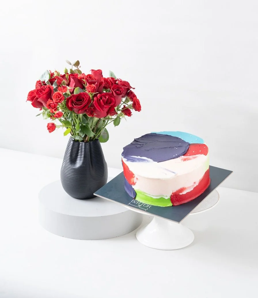 Crimson Passion Flower Arrangement & Colors Cake Bundle