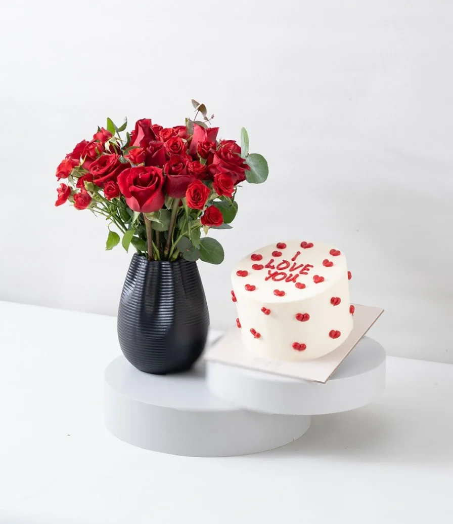 Crimson Passion Flower Arrangement & I Love You Cake Bundle