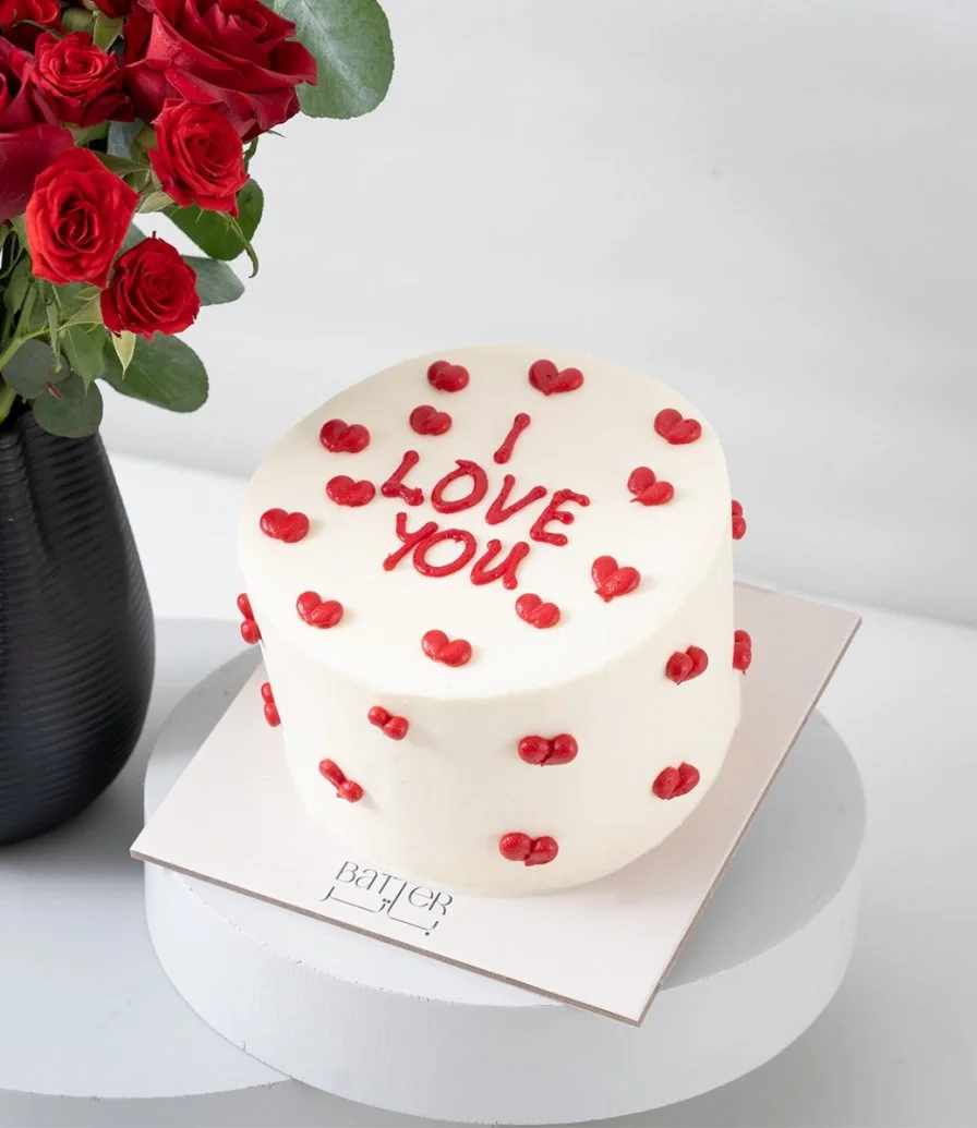 Crimson Passion Flower Arrangement & I Love You Cake Bundle