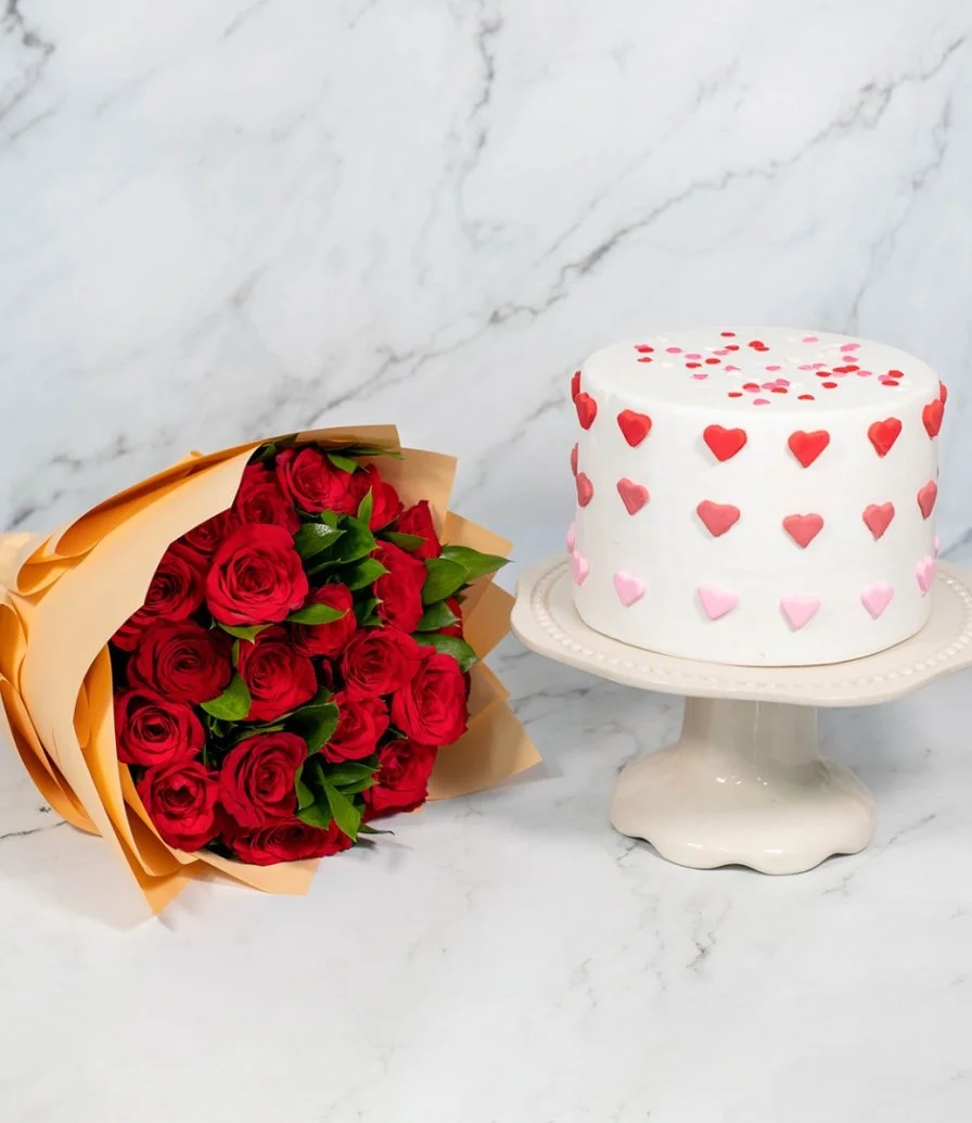 Cute Hearts Cake and Red Roses Bouquet By Secrets