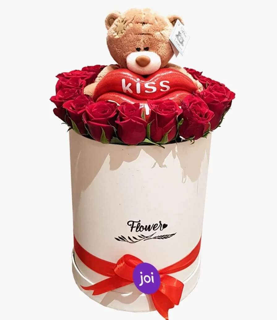 Cylindrical  Rose Box with a Teddy bear 