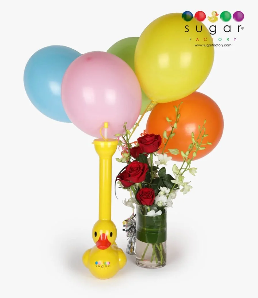 Duck Souvenir Cup with Balloons & roses by Sugar Factory