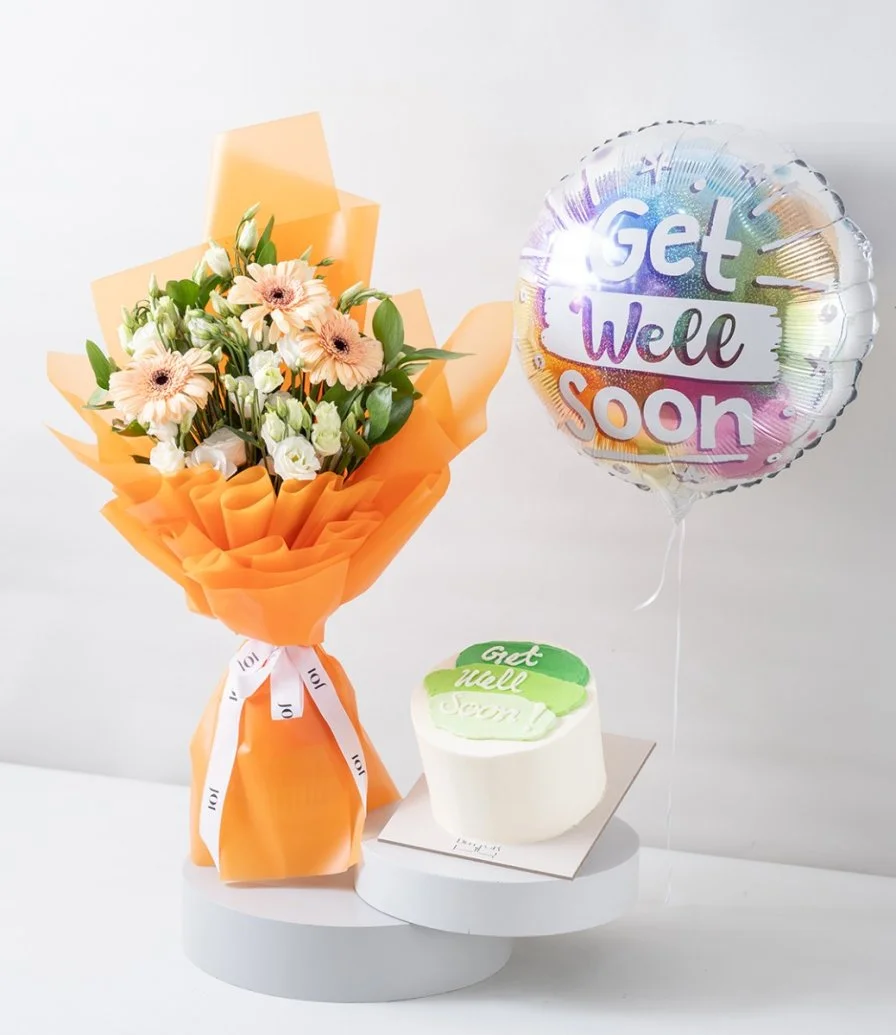 Elegant Blossom Hand Bouquet, Get Well Soon Cake & Balloon Bundle