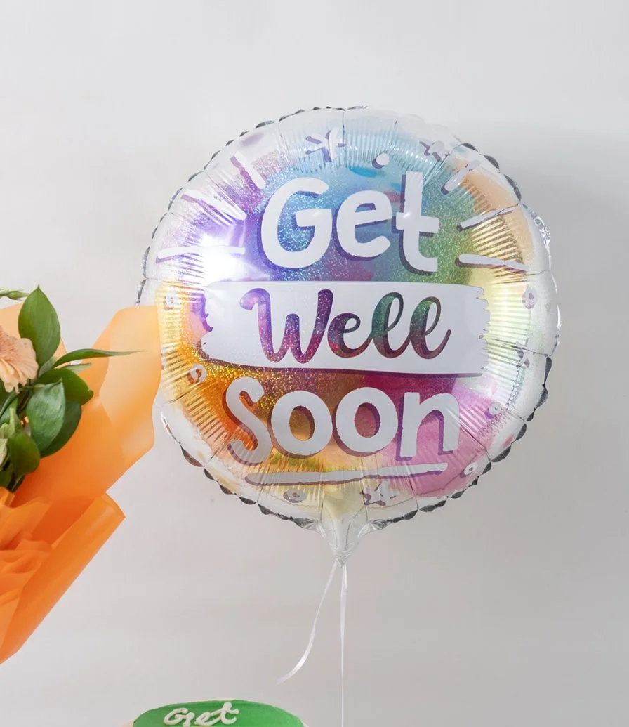 Elegant Blossom Hand Bouquet, Get Well Soon Cake & Balloon Bundle