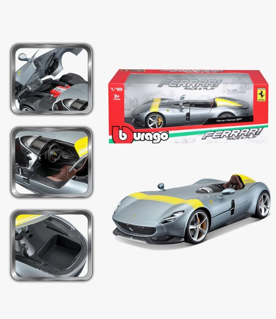 Ferrari Monza Sp1 Silver W/yellow Stripes 1:18 Diecast Model Ca