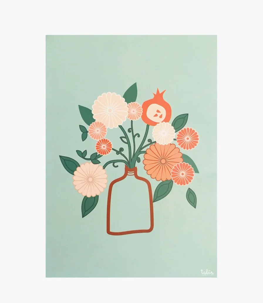 لوحة فنية "مزهرية الزهور" مطبوعة باللون التركواز 