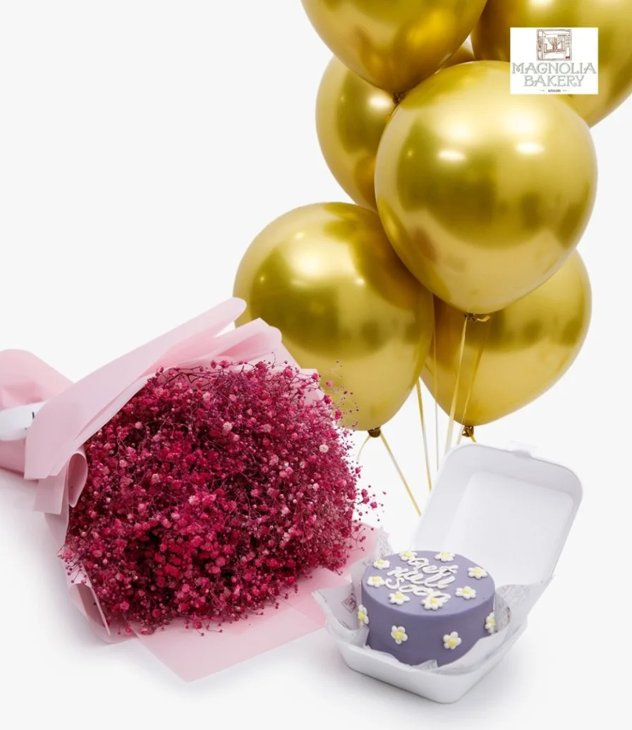 Get Well Soon Lunch Box Cake, Pink Gypsophila Flowers And Balloons Bundle
