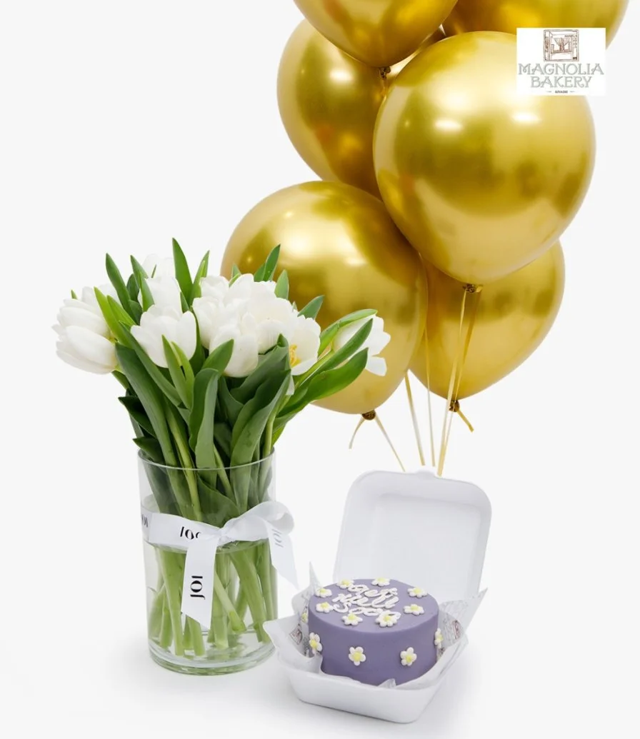 Get Well Soon Lunch Box Cake, White Tulip Flowers And Balloons Bundle