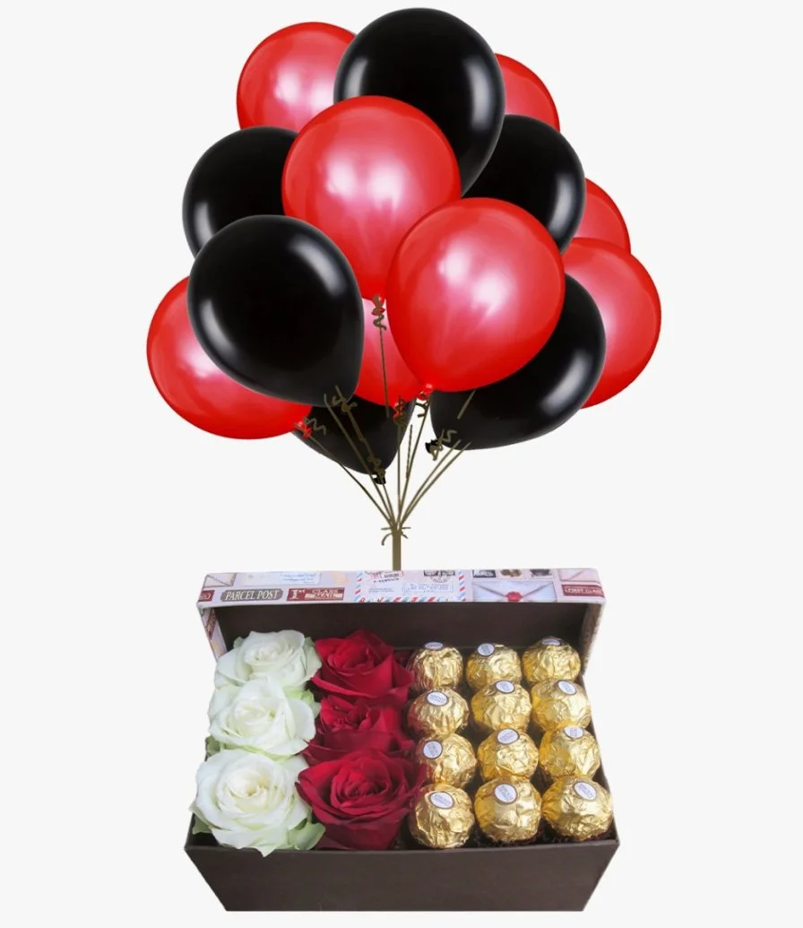 Balloons, chocolate and roses bundle