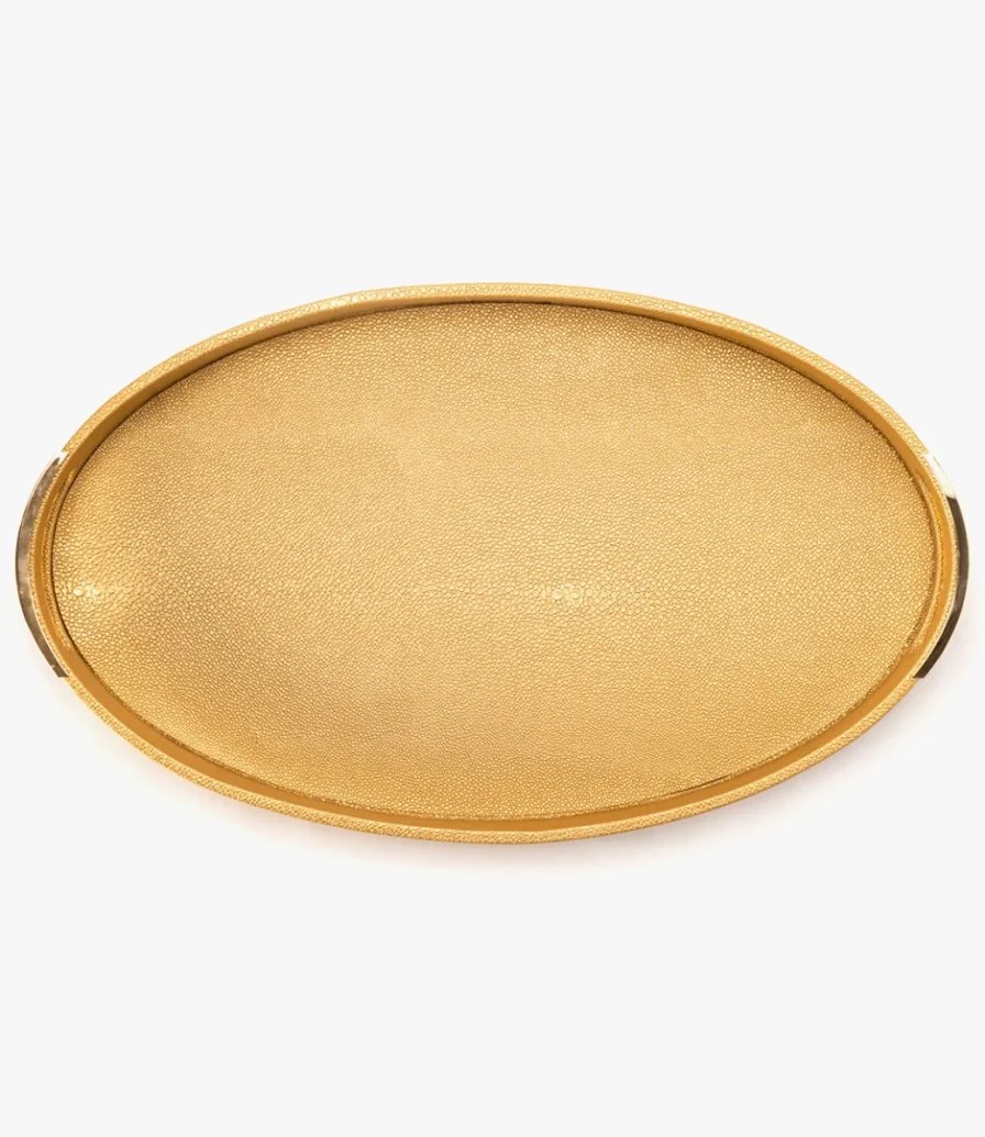 صينية جلد بيضاوية ذهبية مع عساكم من عواده من بستاني