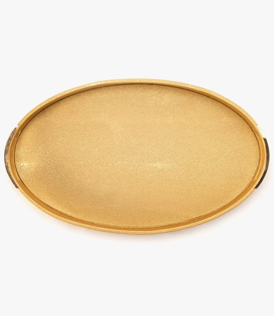 Gold Oval Leathered Tray With Kol Aam w Antom bkher Phrase By Bostani