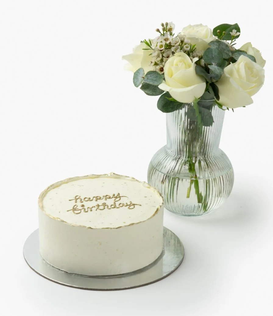 Gold & White Birthday Cake & Flowers Bundle