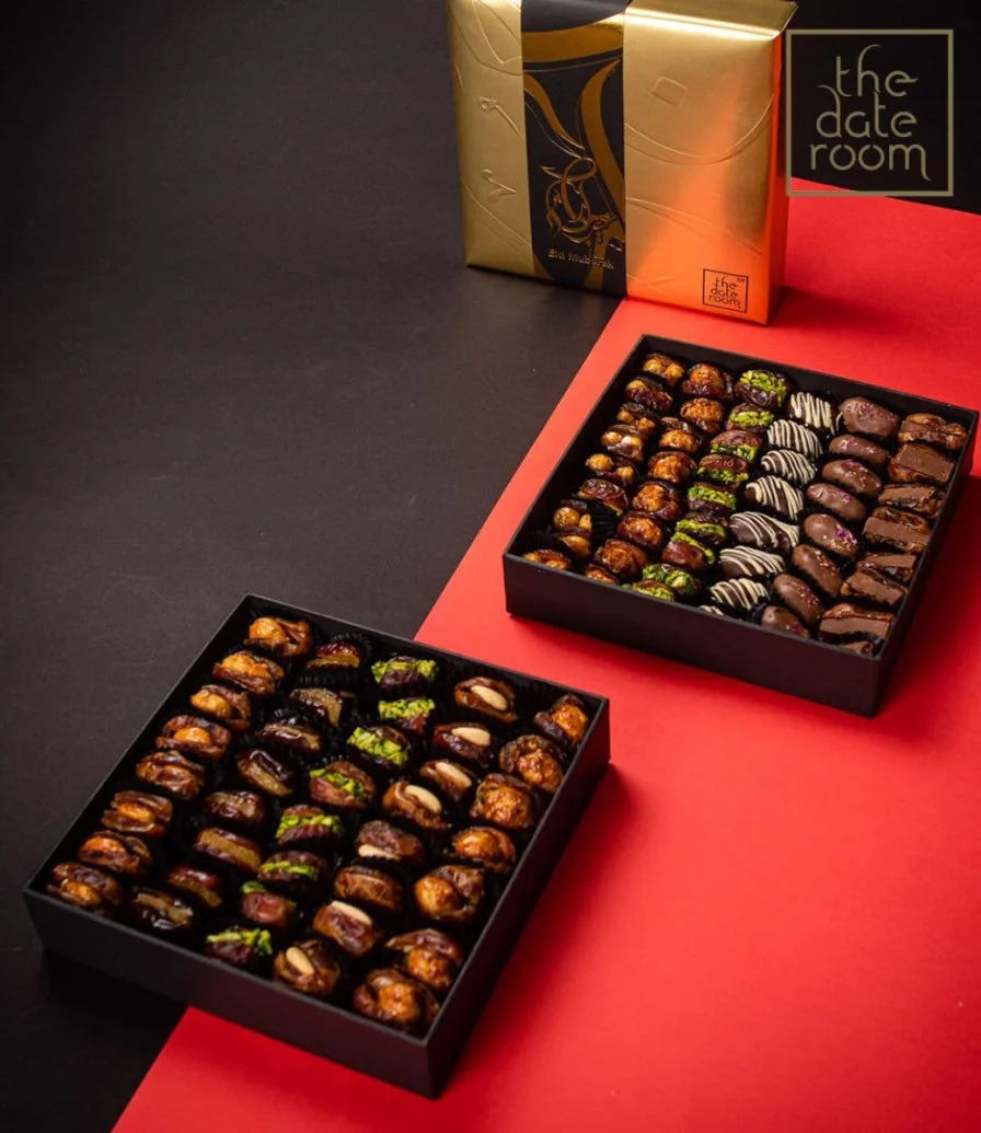 Golden letters Eid Box with stuffed date & Dates chocolates By The Date Room