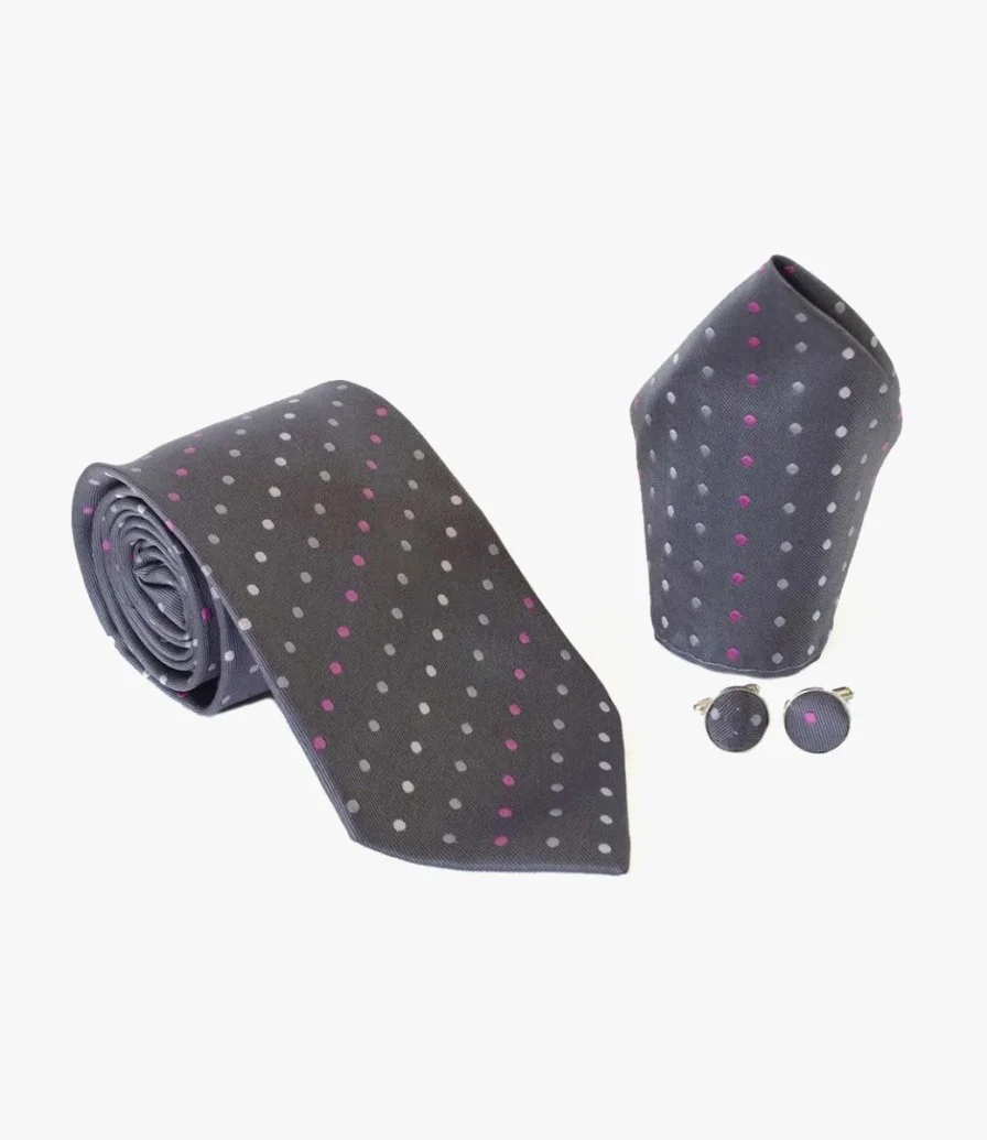 Gray Dots Tie Set - Tie, Hanky, and Cufflinks
