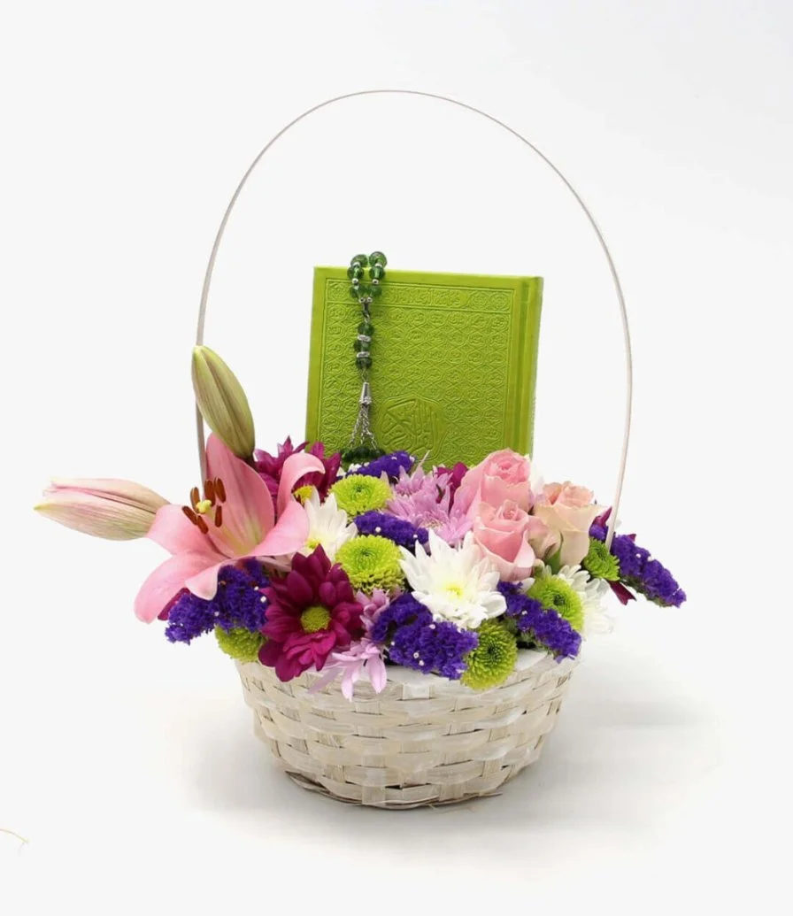 Basket of Flowers with Holy Quran and Rosary (Green)