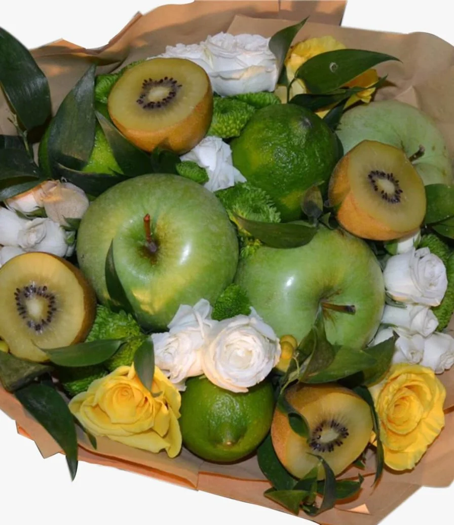باقة زهور وفواكه التفاح الأخضر