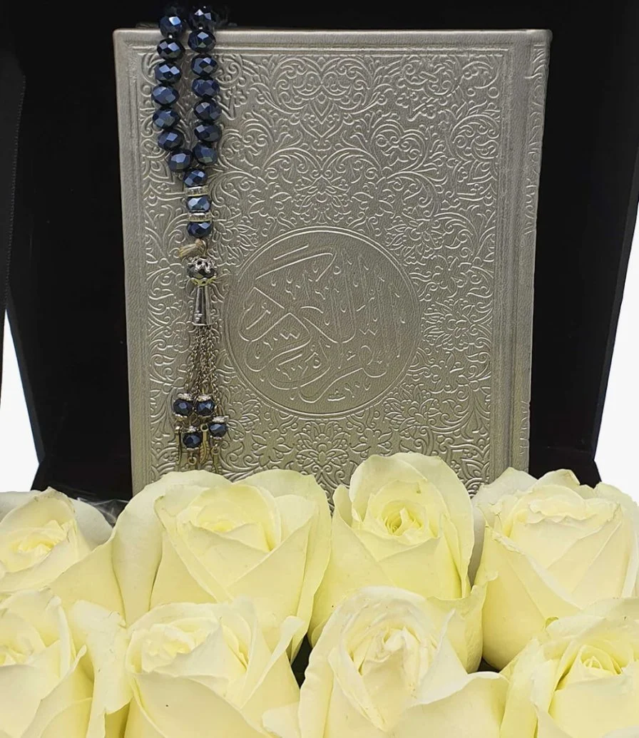 A Box Of Grey Quran Book with Rosary, Roses, & Chocolates