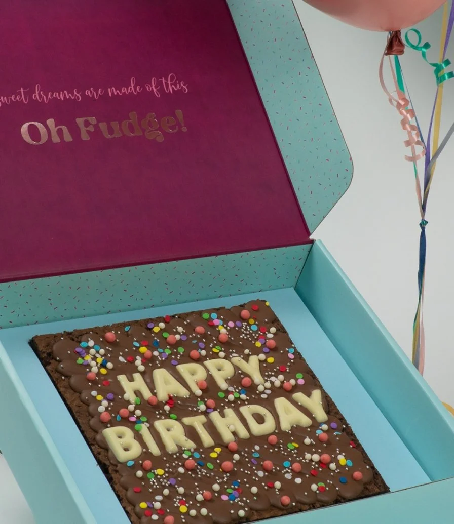 Happy Birthday Brownie Slab & Chrome Balloons Gift Bundle by Oh Fudge