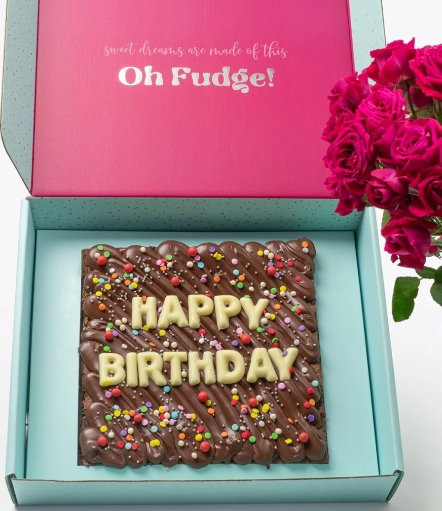 Happy Birthday Brownie Slab & Roses Gift Bundle by Oh Fudge
