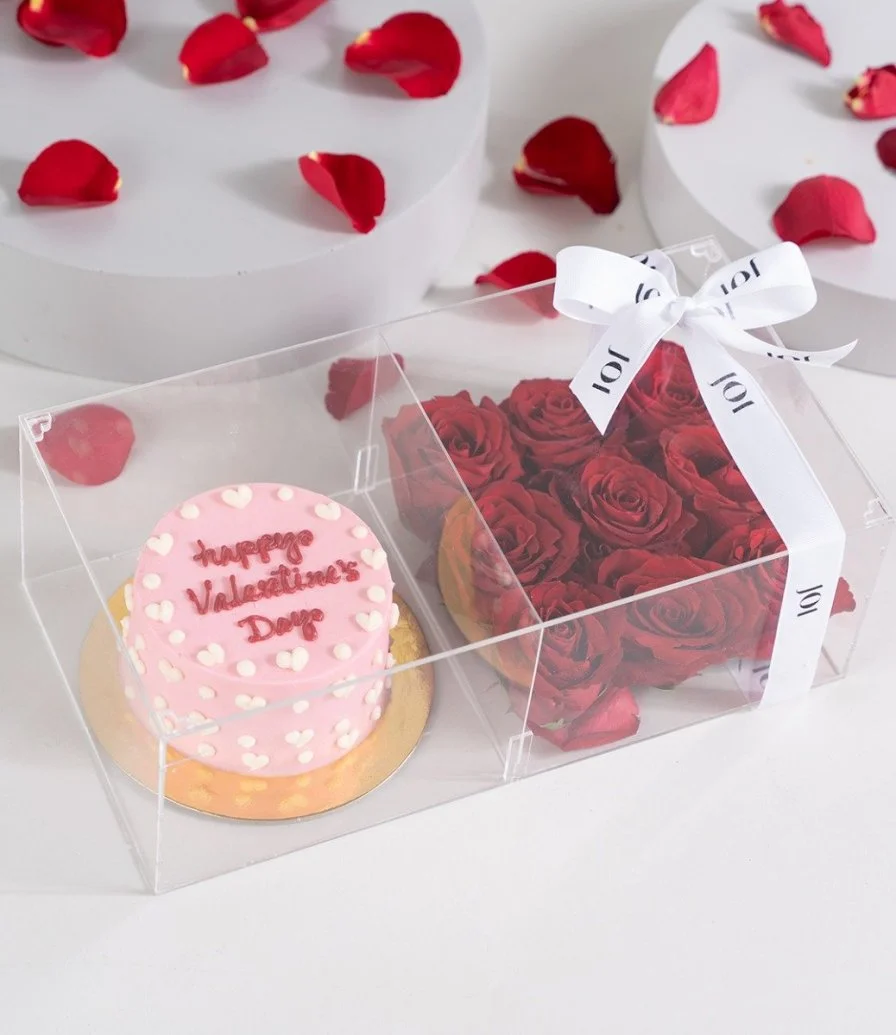 Happy Valentines Day Cake and Roses Bundle