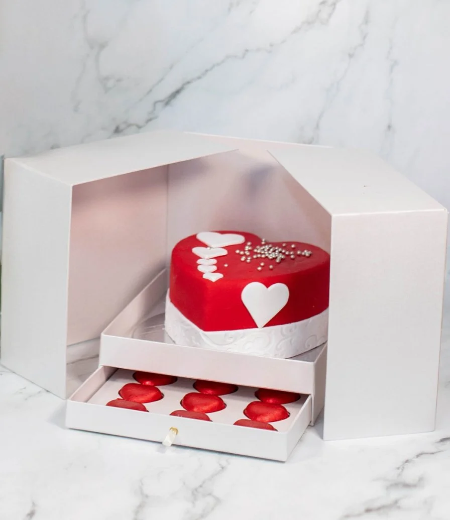 Red Hearts Cake &Chocolates with Red Roses Bouquet Bundle By Secrets