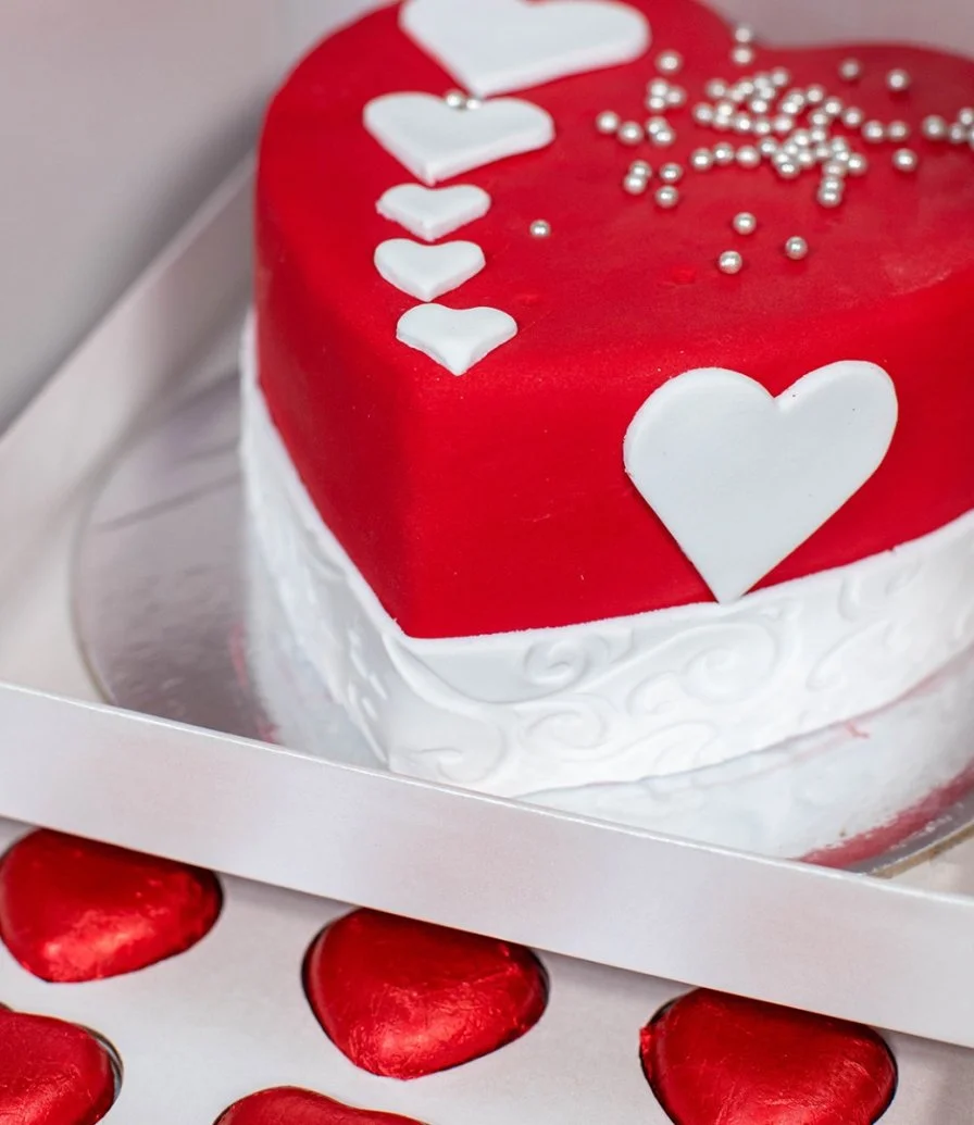 Heart Cake and Chocolates with Red Roses Bundle by Secrets