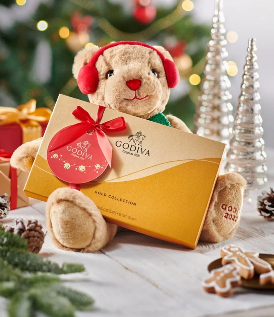 مجموعة هدايا كريسماس دب بلاش و15 قطعة ذهبية صلبة من جوديفا 