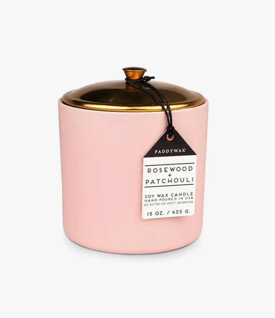 Hygge 15 Oz. Blush Ceramic With Lid Rosewood Patchouli by Paddywax