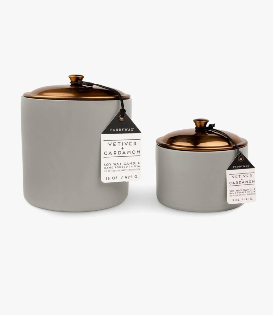 Hygge 15 Oz. Grey Ceramic With Lid Vetiver Cardamom by Paddywax