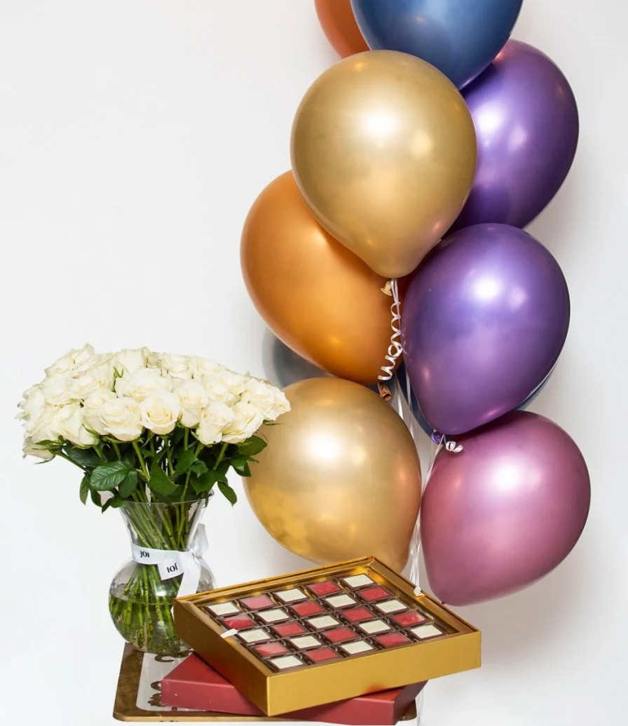 I Love You Bostani Chocolate, Flowers and Balloons Bundle