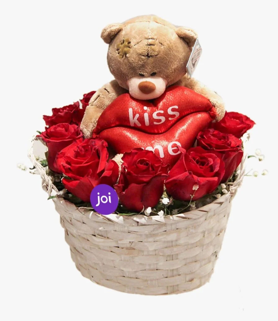 Rose Basket With a Teddy Bear