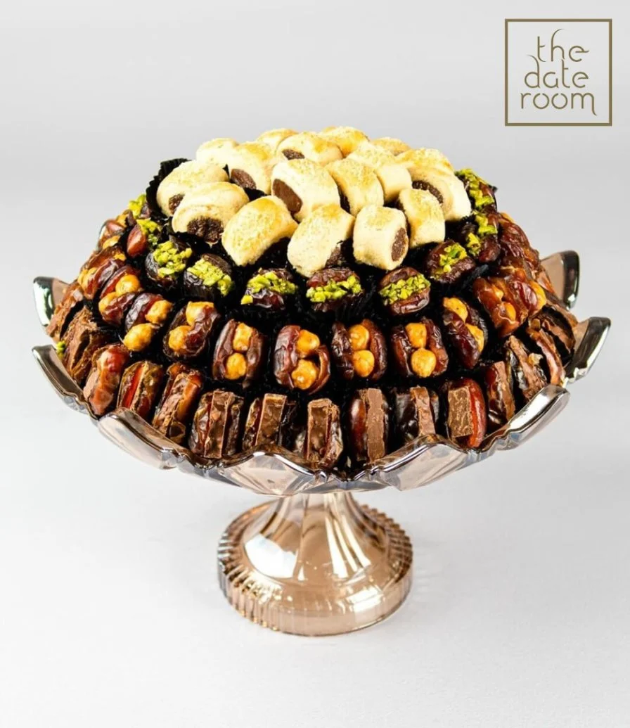 Large Golden Glass Dates, Dates Dipped In Chocolate & Maamoul Tray By The Date Room