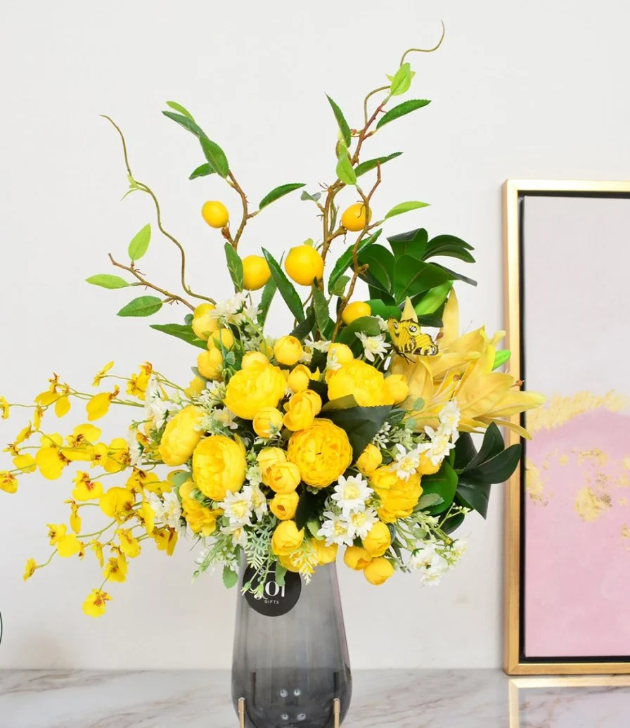 Lemon Tree Vase and Yellow Artificial Roses