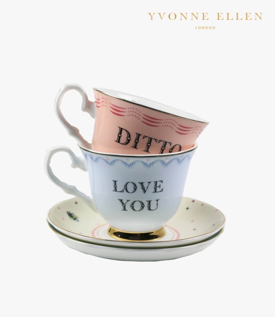 Love You & Ditto Teacups & Saucers by Yvonne Ellen
