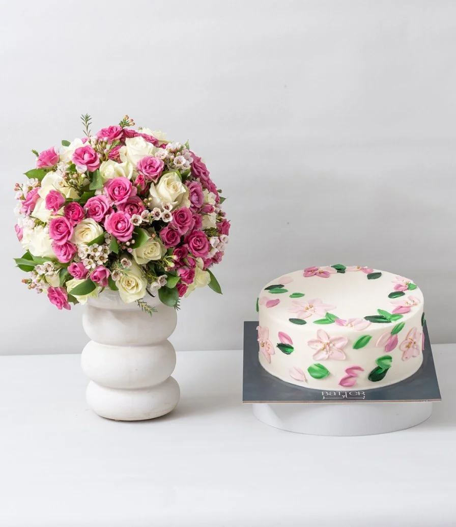 Moonlit Elegance Flower Arrangement & Flowers Cake Bundle