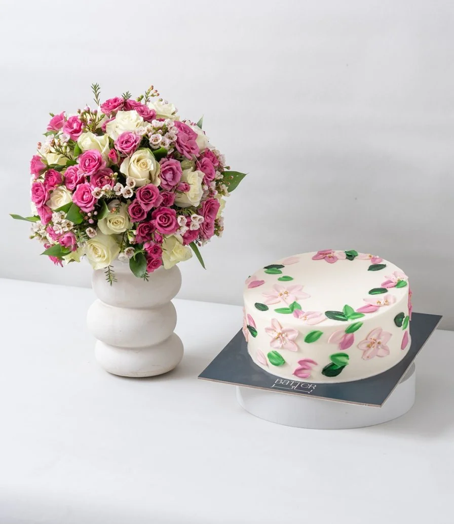 Moonlit Elegance Flower Arrangement & Flowers Cake Bundle