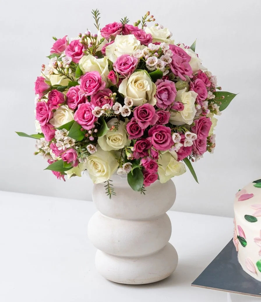 Moonlit Elegance Flower Arrangement & Flowers Cake Bundle