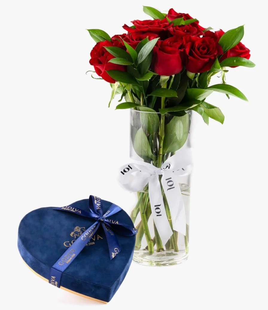 Navy Blue Chocolate by Godiva and Red Rose Bundle