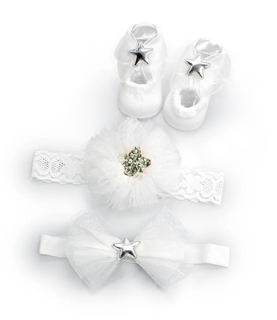 Newborn White socks & silver star headband Set  By Fofinha