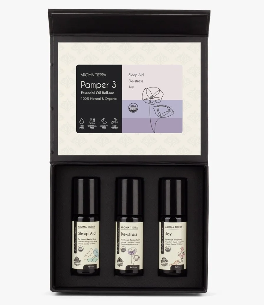 Pamper 3 Essentials Oil Roll-on Gift Set by Aroma Tierra