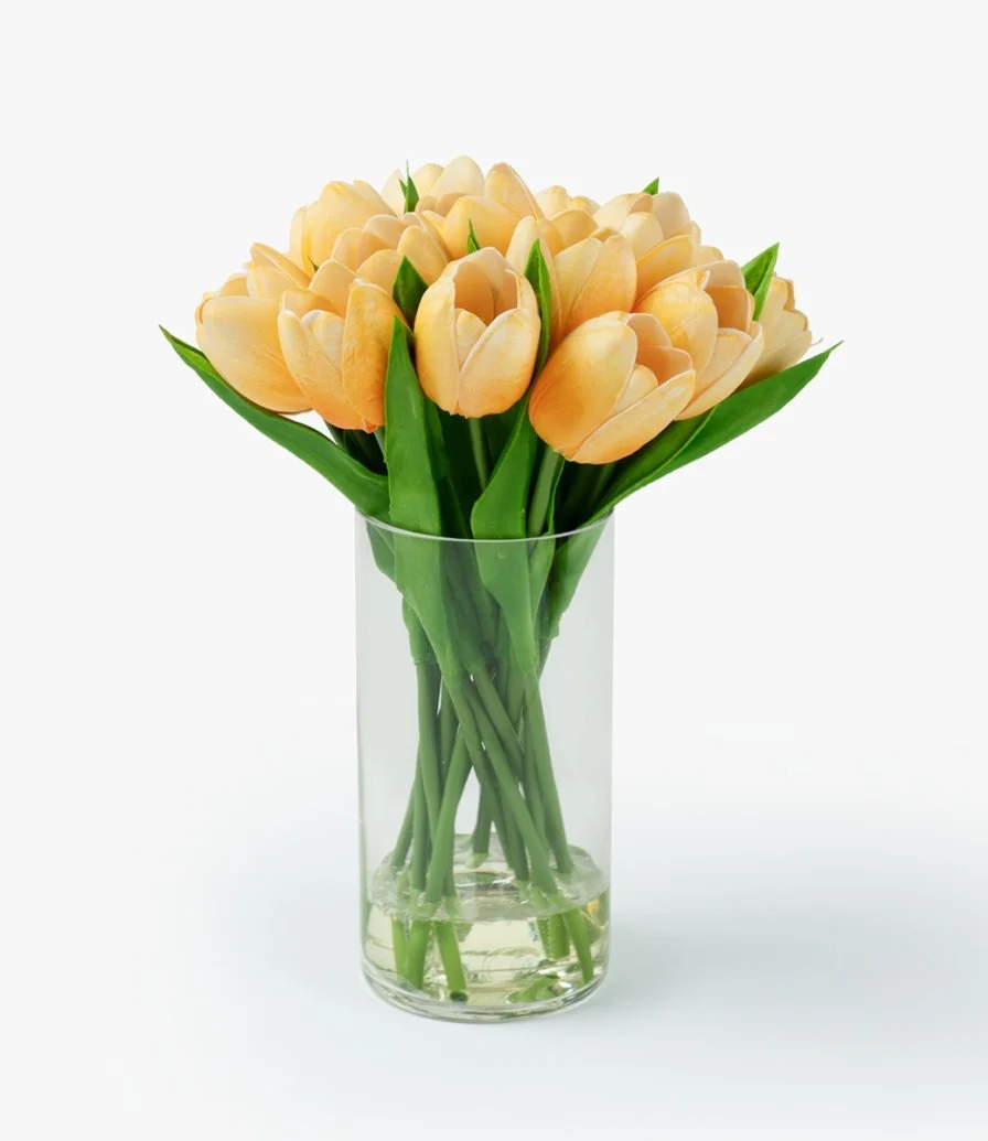 Peach Tulips Artificial Flower Arrangement in Glass Vase