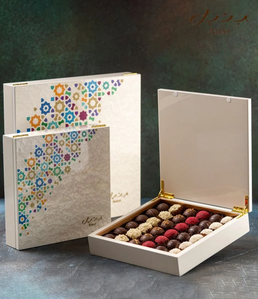 Pearl Colored Wooden Box by Bateel and Flowers Bundle