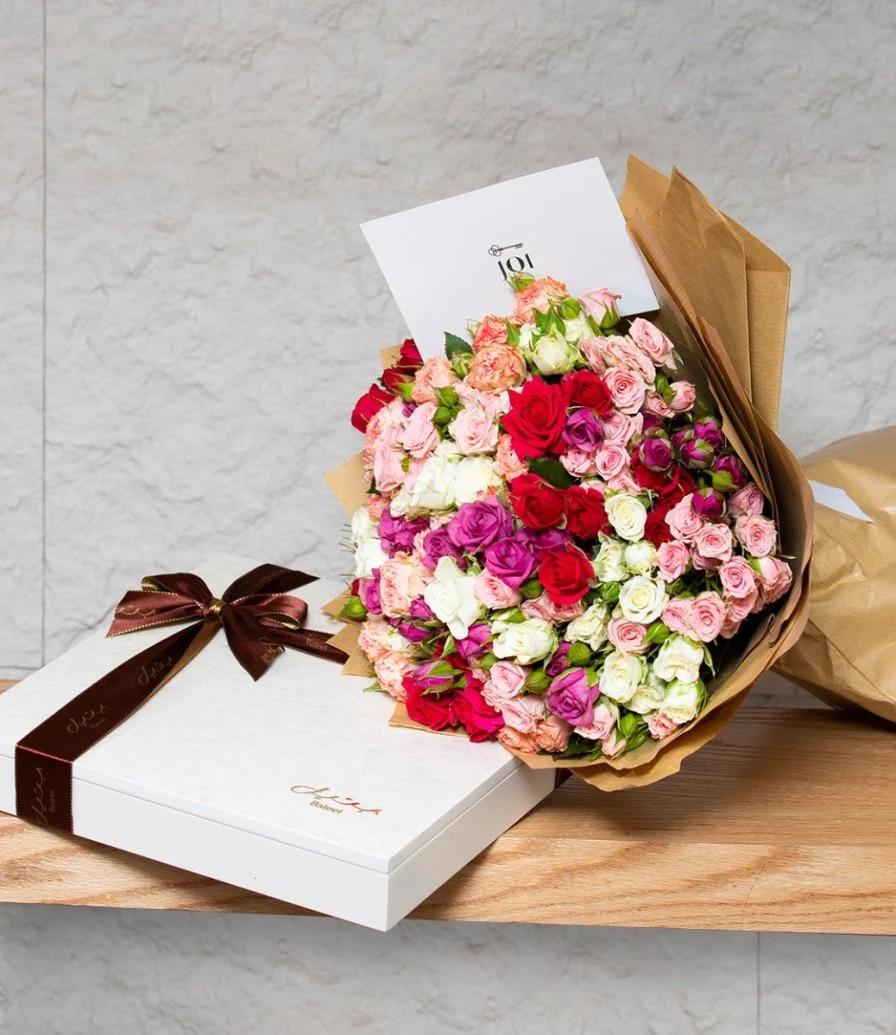 Pearl Wooden Box by Bateel and Hand Tied Bouquet Bundle