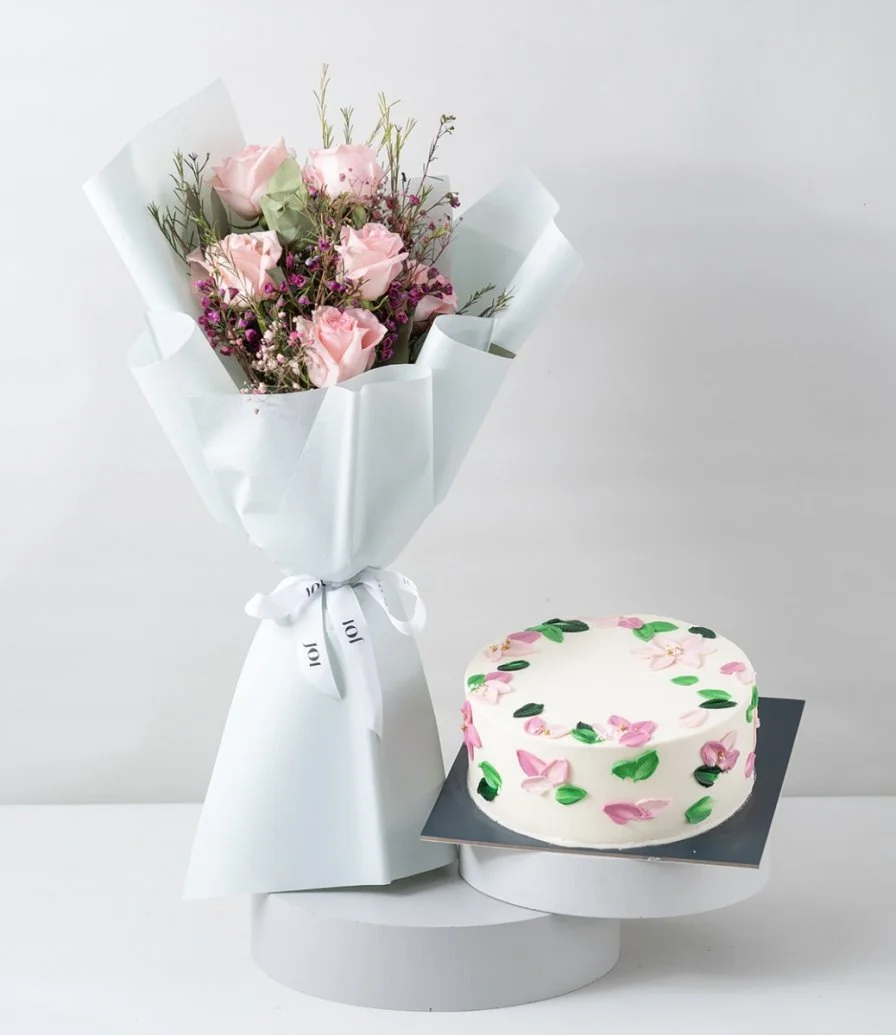 Petal Whisper Hand Bouquet & Flowers Cake Bundle